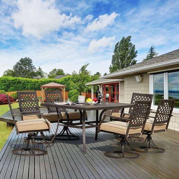 slide 1 of 27, EROMMY 7 Pieces Patio Dining Set Metal Outdoor with Umbrella Hole Khaki