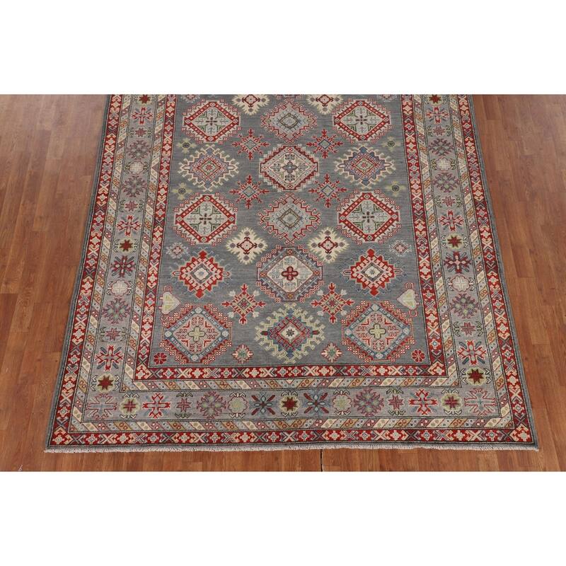Oriental Geometric Kazak Area Rug Hand-Knotted Wool Carpet - 6'10" x 9'11"