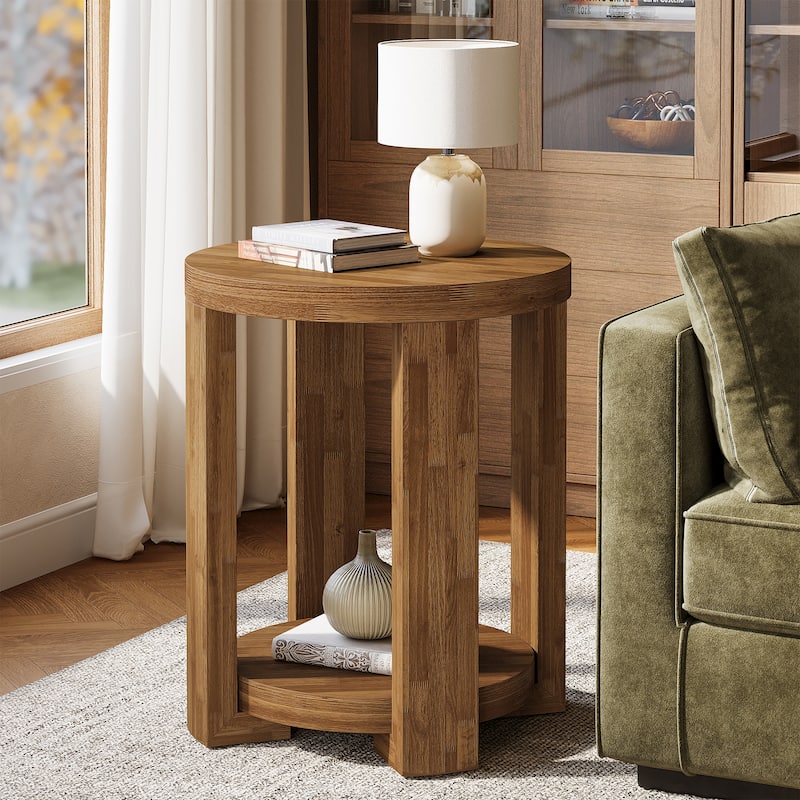 Side Table, 2-Tier Round End Table, Small Bedside Accent Furniture for Living Room, Bedroom - RusticBrown