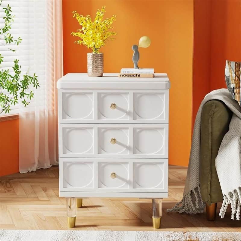 White & Gold Nightstand with 3 Drawers
