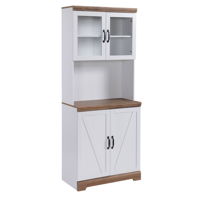 HOMCOM 70" Farmhouse Kitchen Buffet with Hutch, Cupboard Cabinet with Glass Doors, Adjustable Shelves, Microwave Countertop