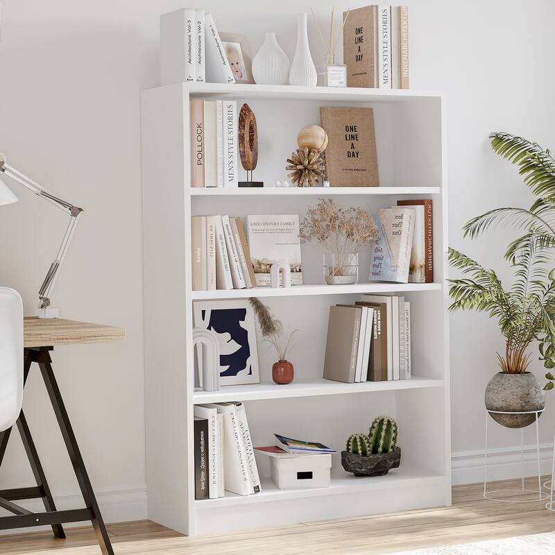 4 Shelf Office Bookcase, 48 Inches Tall Modern Wood Bookshelf, 4 Tier Wide Manga Bookshelves Library Bookcase - White