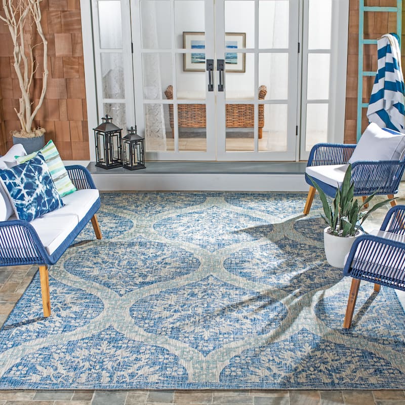 SAFAVIEH Courtyard Zakiyyah Indoor/ Outdoor Waterproof Patio Backyard Rug - 9' x 12' - Navy/Grey