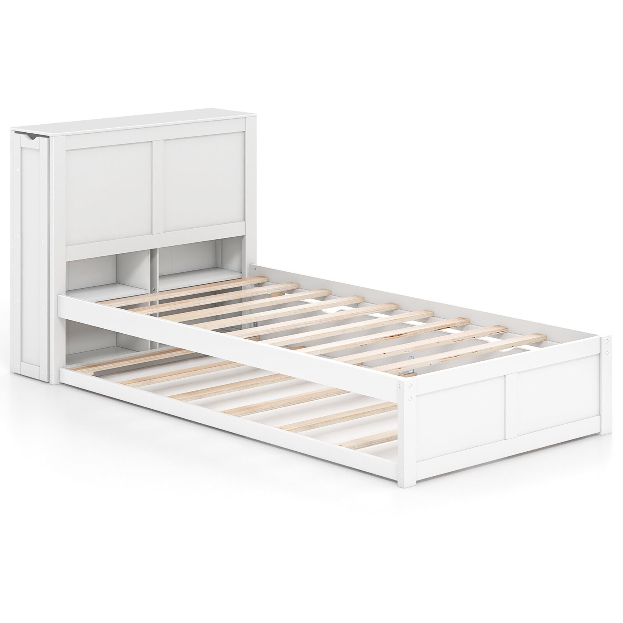 Gymax Full/Twin Wooden Platform Bed with Trundle Storage Headboard