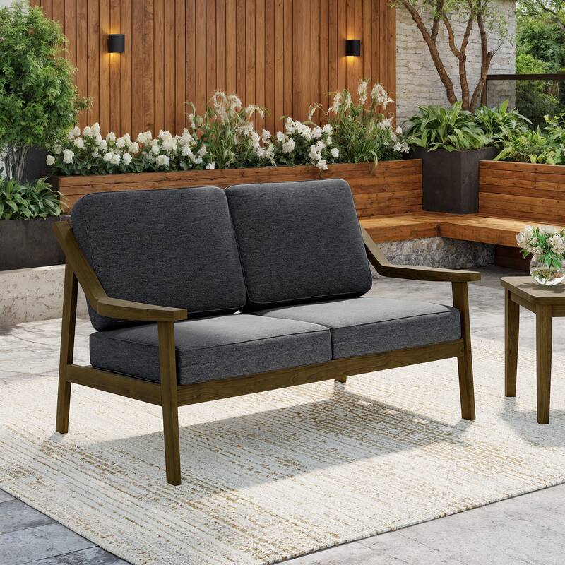 Solid Wood Outdoor Arm Chair Loveseat with Cushion - Brown/Dark Grey - 1 Loveseat