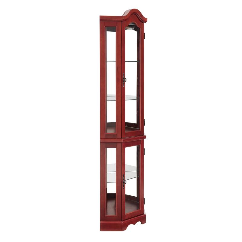 Lighted Corner Curio Cabinet with Tempered Glass Doors & Shelves - Elegant Cherry Display Case with Bulb for Living Room