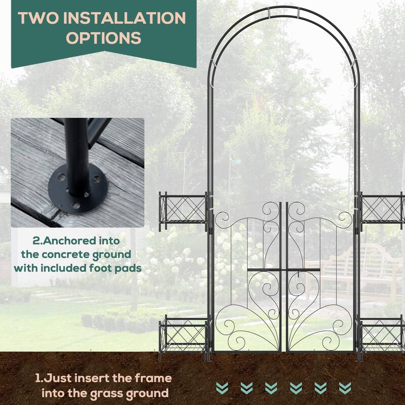 Outsunny 7' Metal Garden Arbor, Garden Arch with Gate, Scrollwork Hearts, Latching Doors, Planter Boxes