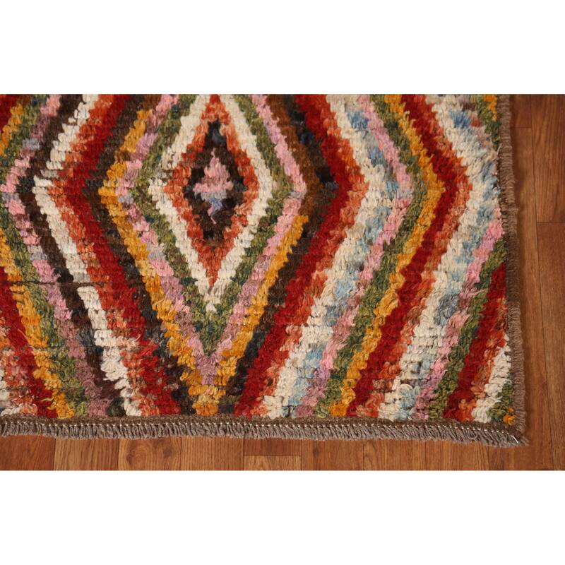 Geometric Moroccan Runner Rug Hand-Knotted Tribal Oriental Wool Carpet - 2'11" x 9'5"