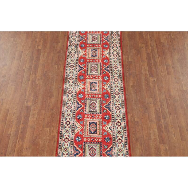 Geometric Kazak Runner Rug Hand-Knotted Wool Carpet - 2'8" x 10'1"