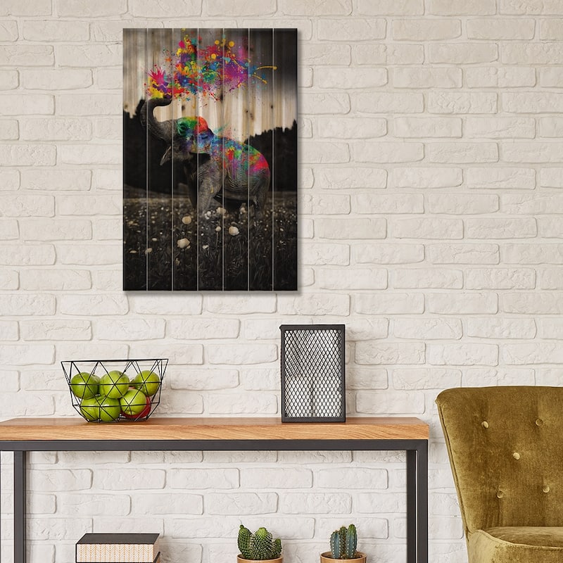 Elephant Enjoy Color Splash Paint Print On Wood by GEN Z - Multi-Color