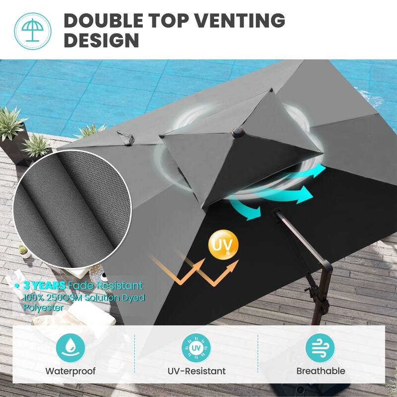 9 x 12 ft Double Top Patio Cantilever Umbrella with Base, 360-degree Rotation