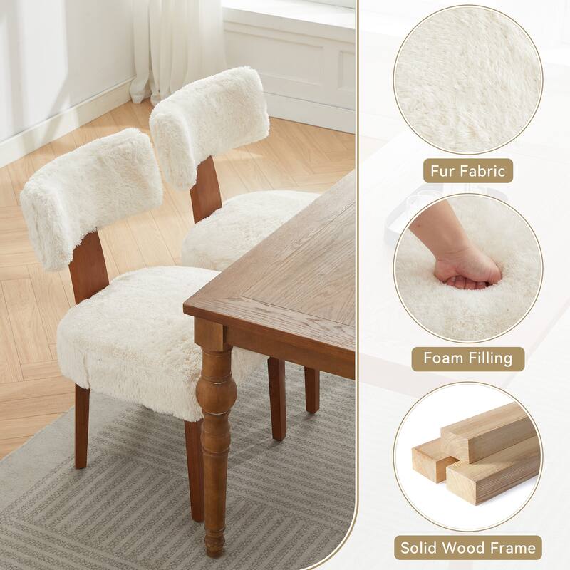 2-Piece Set, Modern Armless Fur Dining Chairs with Curved Back and Solid Wood Legs, for Dining Living Rooms, Ivory