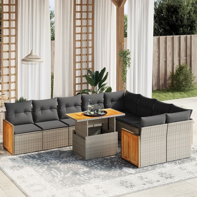 vidaXL Patio Sofa Set with Cushions Outdoor Furniture 10 Piece Poly Rattan - Grey - 21.7 x 39.4 x 27.2 in