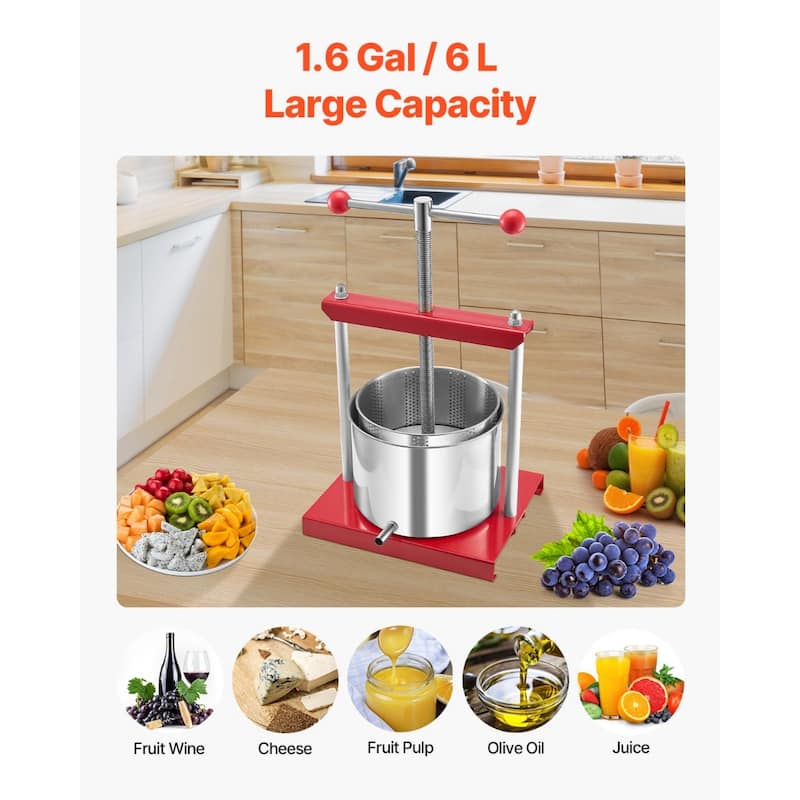 1.6 Gal Manual Fruit Press with Stainless Steel Plate Juicer for Wine Puree or Olive Oil - 300x242x435 mm