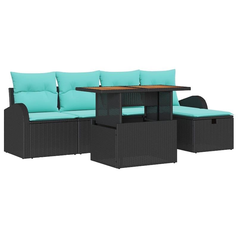 vidaXL 6 Piece Garden Sofa Set with Cushions Black Poly Rattan - 92.1 x 46.1 x 27.2