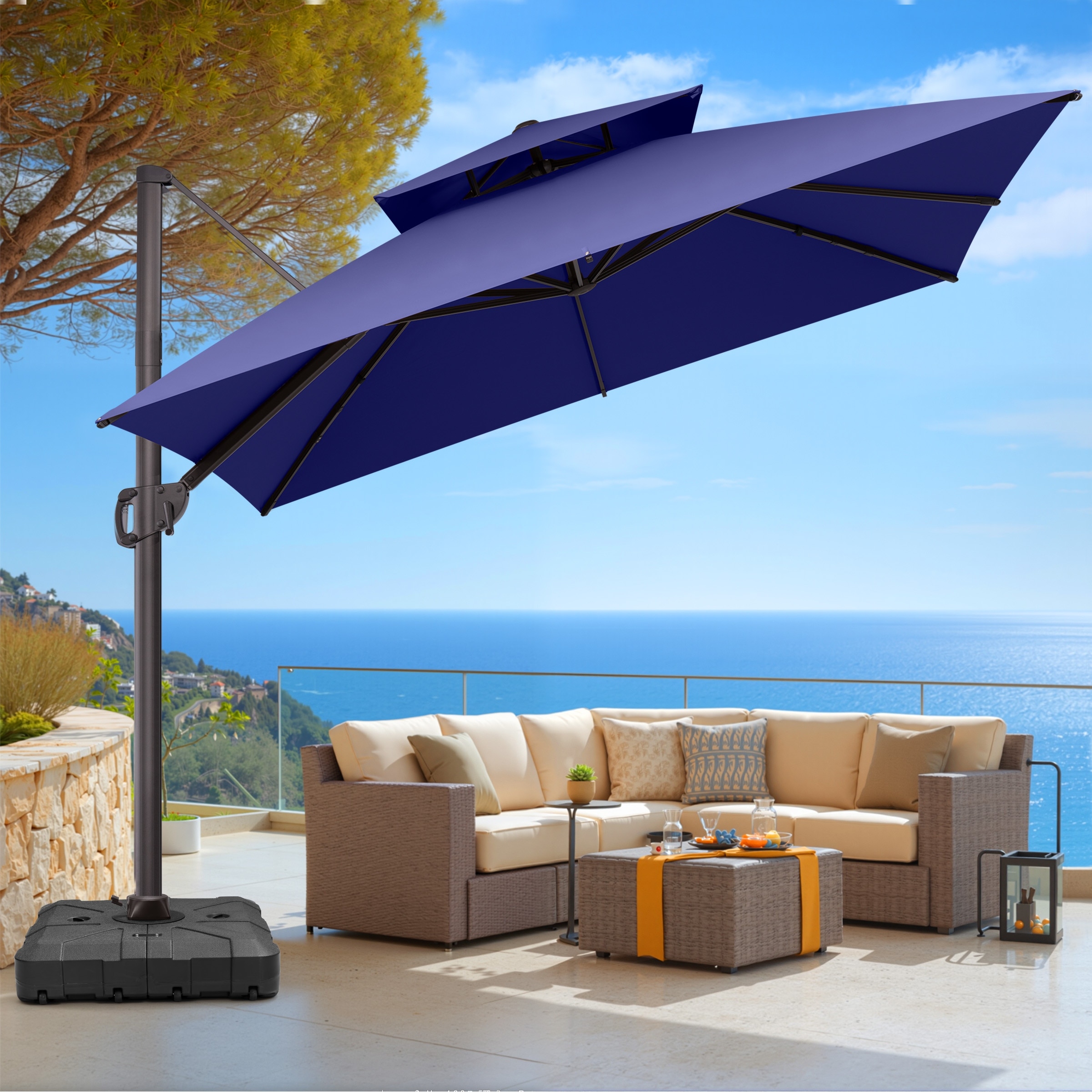 VredHom Double Top 10x10 FT Aluminum Square Patio Cantilever Umbrella with Wheel Base