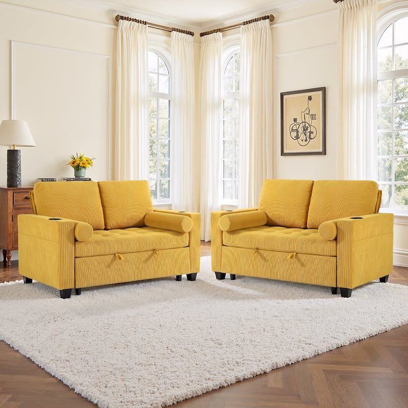 2 Set Multi-Functional Sleeper Sofa Bed 3-in-1 Pull-Out Convertible Adjustable Loveseat with USB Port