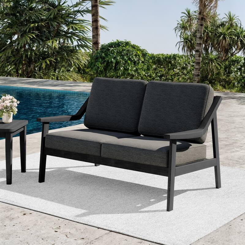 Outdoor Teak Wood Slat Back Patio Loveseat Sofa - BlackFrame-Dark Grey