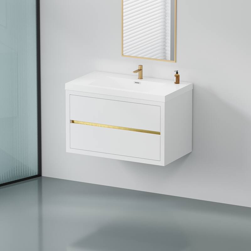 GDFStudio - Maxwell Floating Bathroom Vanity with Stone Resin Countertop & Soft-Close Drawers