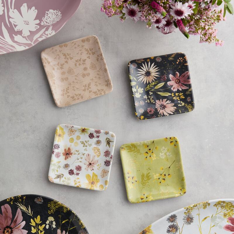 Certified International Wildflowers 6" Canape/Luncheon Plates, Set of 4 Assorted Designs - 6.00"L x 6.00"W x 0.50"H