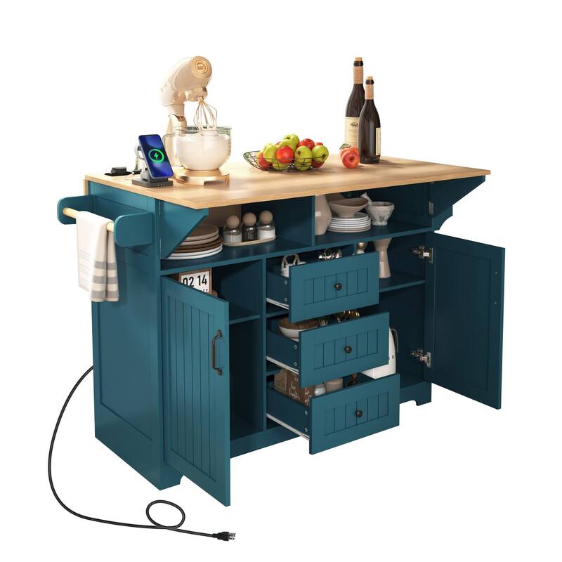 Rolling Kitchen Island Cart with 2 Drop Leaves, Power Outlet, and Storage - 55.7" White