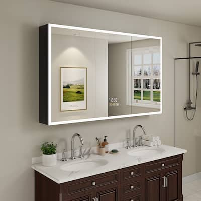 LED Light Bathroom Medicine Cabinet with Mirror, Surface or Recessed Mounted, Sensor Light, Defogger, Outlet&USB, Clock&Temp