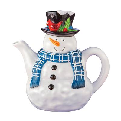 Hand-Painted Festive Christmas Snowman Ceramic Teapot - 11.000 x 7.250 x 7.000