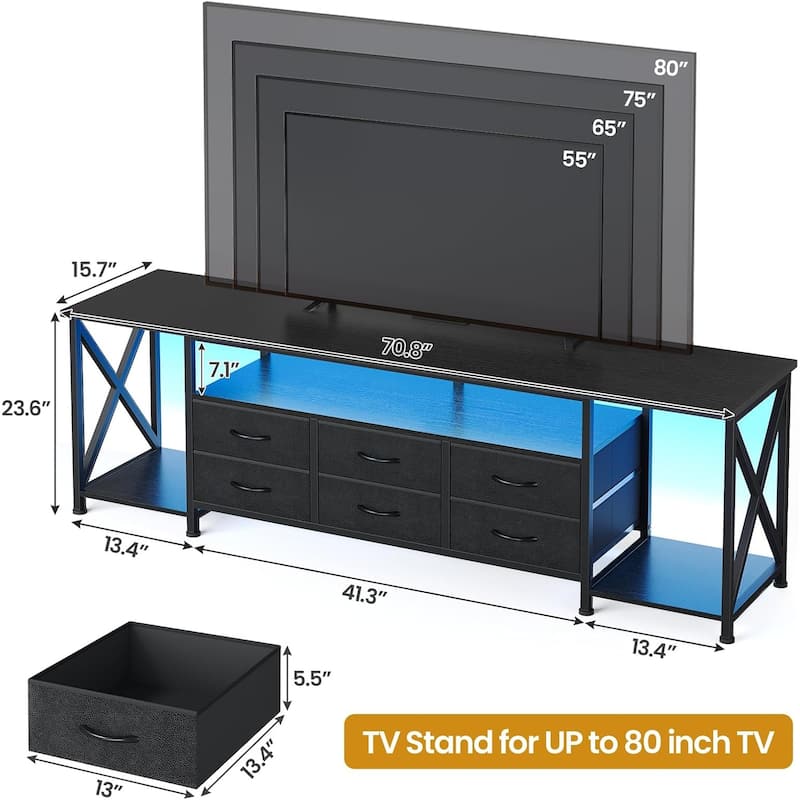 TV Stand with LED Lights Power Outlets Dresser Fabric Drawers Entertainment Center