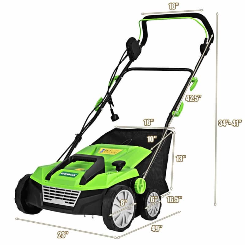 13-AMP Corded Electric Scarifier & Dethatcher 15" Cutting Width with 50L Grass Collection Bag - 49'' x 23'' x 34''