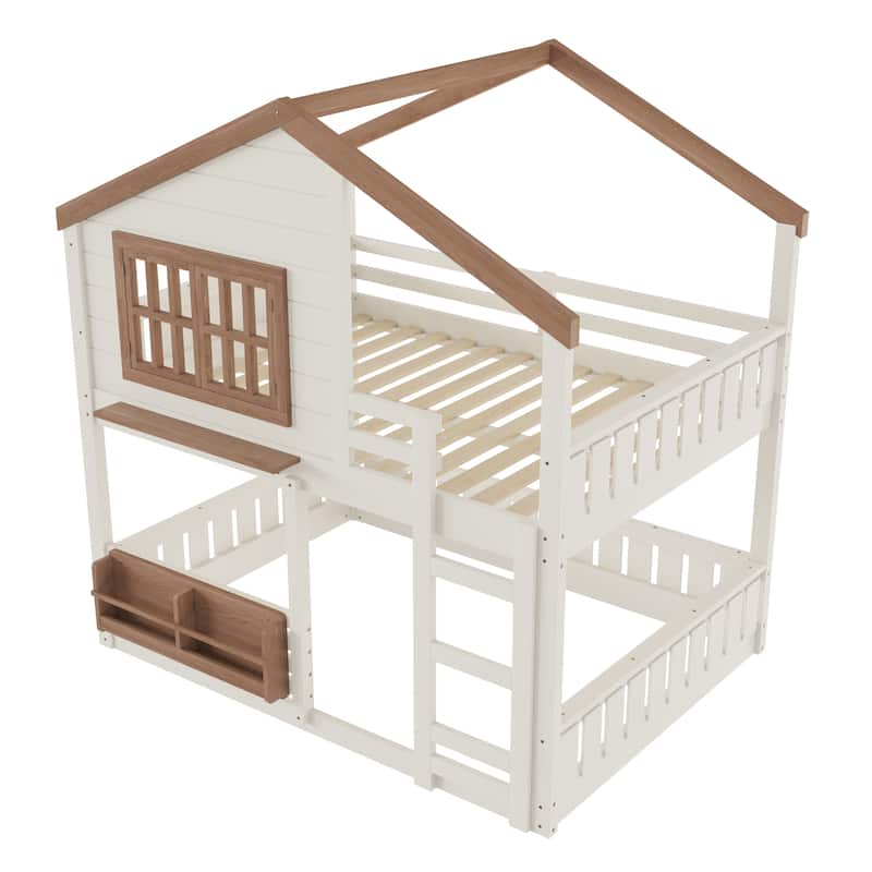 Fairytale House Bunk Bed Kids Loft Bed Frame with Bookshelf and Shelf