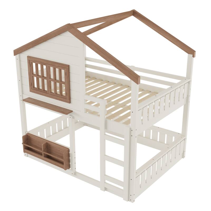 Fairytale House Bunk Bed Wood Loft Bed Frame with Bookshelf and Shelf