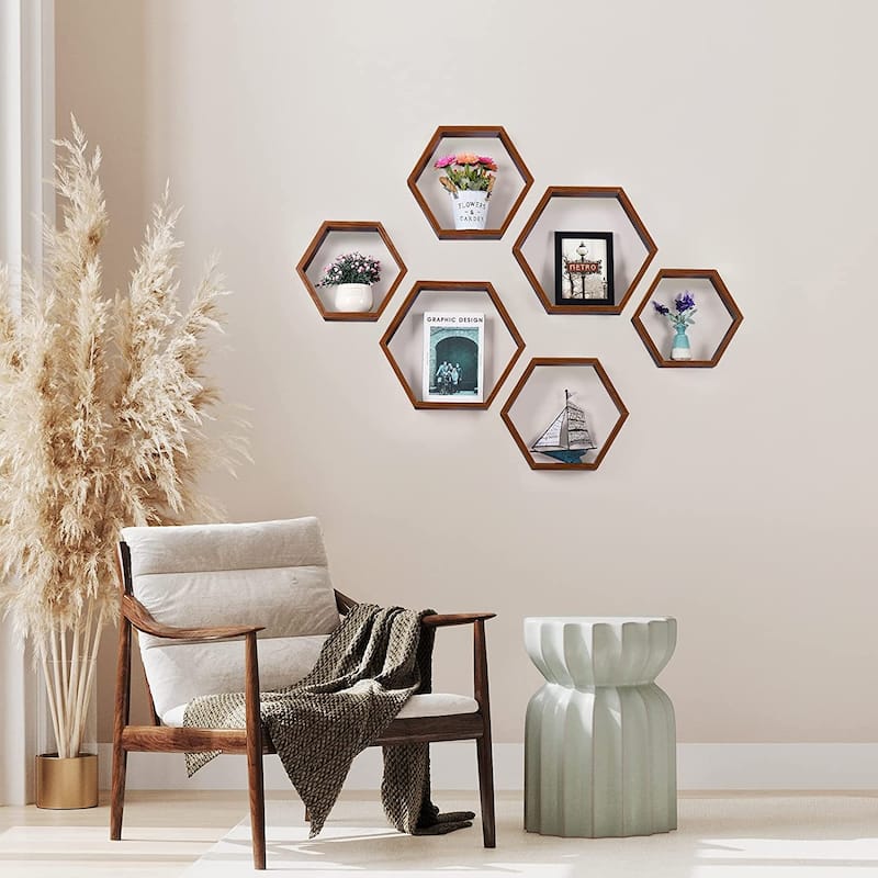 Set of 6 Wooden Hexagon Rustic Floating Shelves in Deep Natural Wood