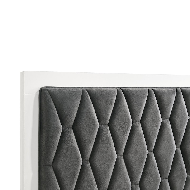 Upholstered Panel Bed with Tufting Headboard in White and Dark Grey