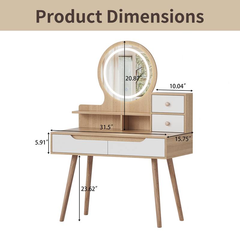Makeup Vanity w/ 3 Color Light Mirror, 4 Drawers, Solid Wood Base