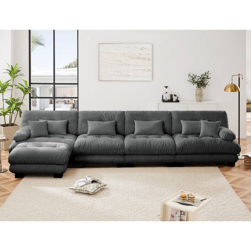 Free Combination Modular Chenille Sectional Sofa Comfy Cloud Couch for Living Room - 4 Seats + 1 Ottoman - Grey