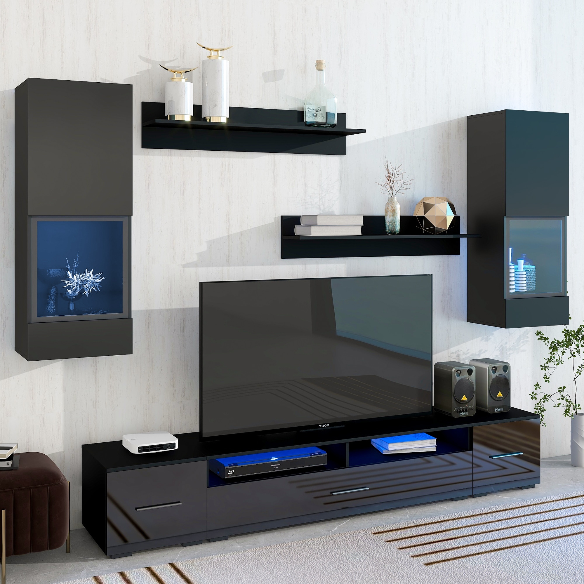 Modern High Gloss Floating TV Stand with 3 Storage Cabinets & 2