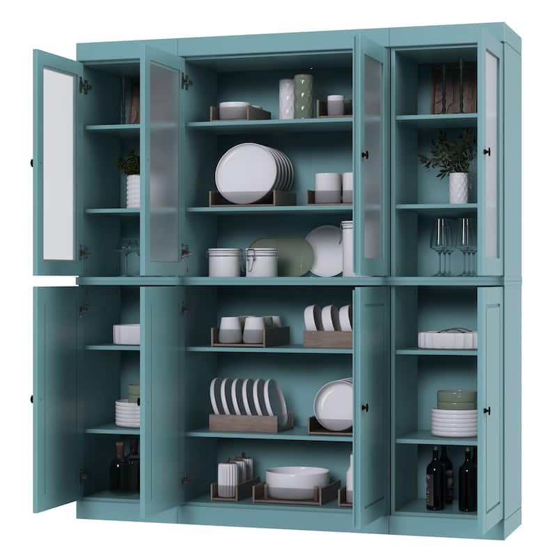 100% Solid Wood 65" Pantry China Cabinet with Solid, Frosted Glass Doors and Adjustable Shelves