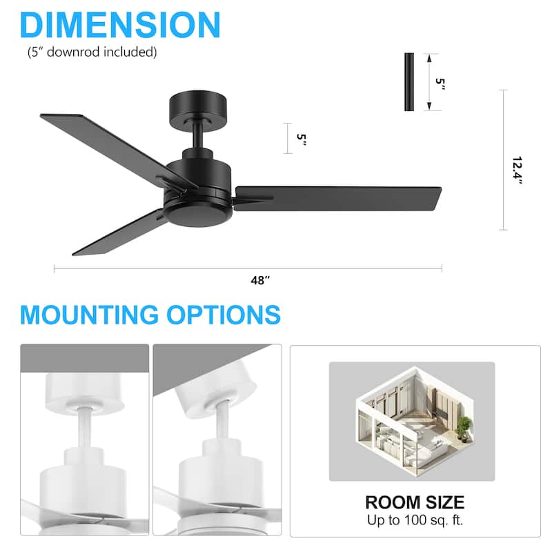 48-in Indoor Black Ceiling Fan with Remote without Light(3-Blade)