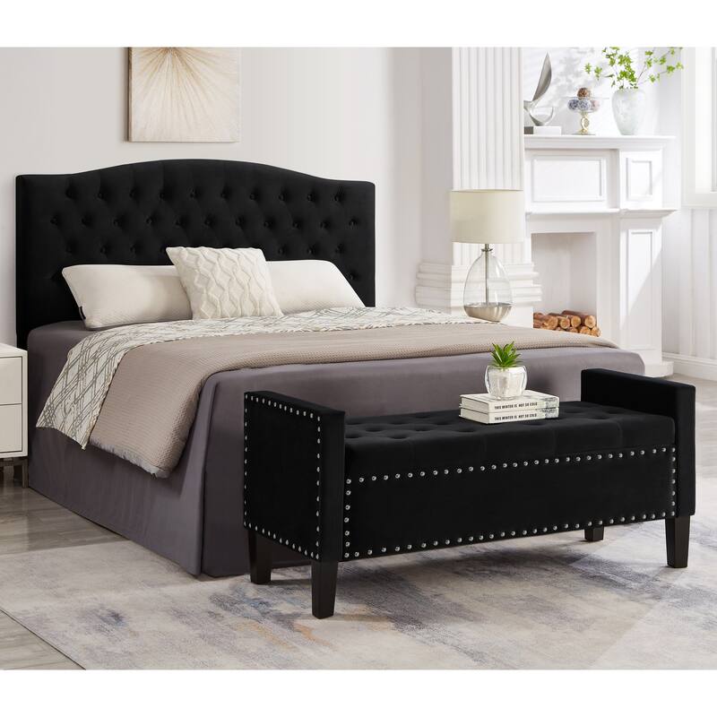 Upholstered Tufted Button Storage Bench with nails trim,Entryway Living Room Soft Padded Seat