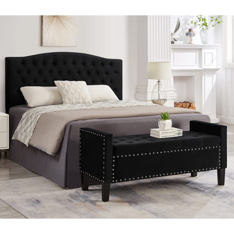 Velvet Storage Ottoman Bench with Armrests, Tufted Upholstered End of Bed Bench with Nailhead Trim for Bedroom, Entryway