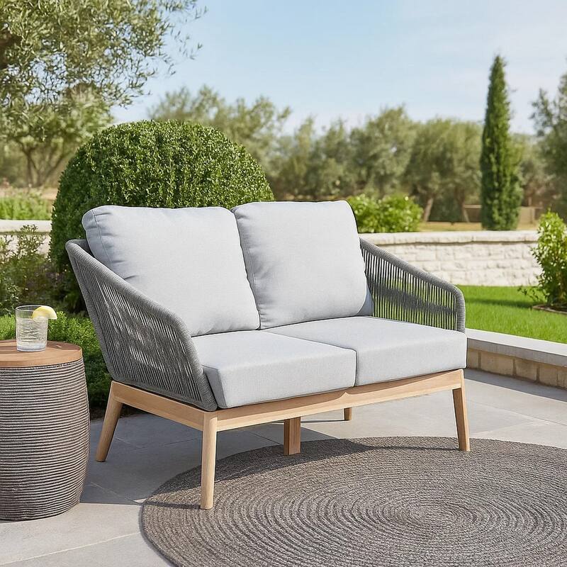 Dexi 51 Inch Patio Sofa, Fade Resistant Fabric Cushions, Gray Acacia Wood