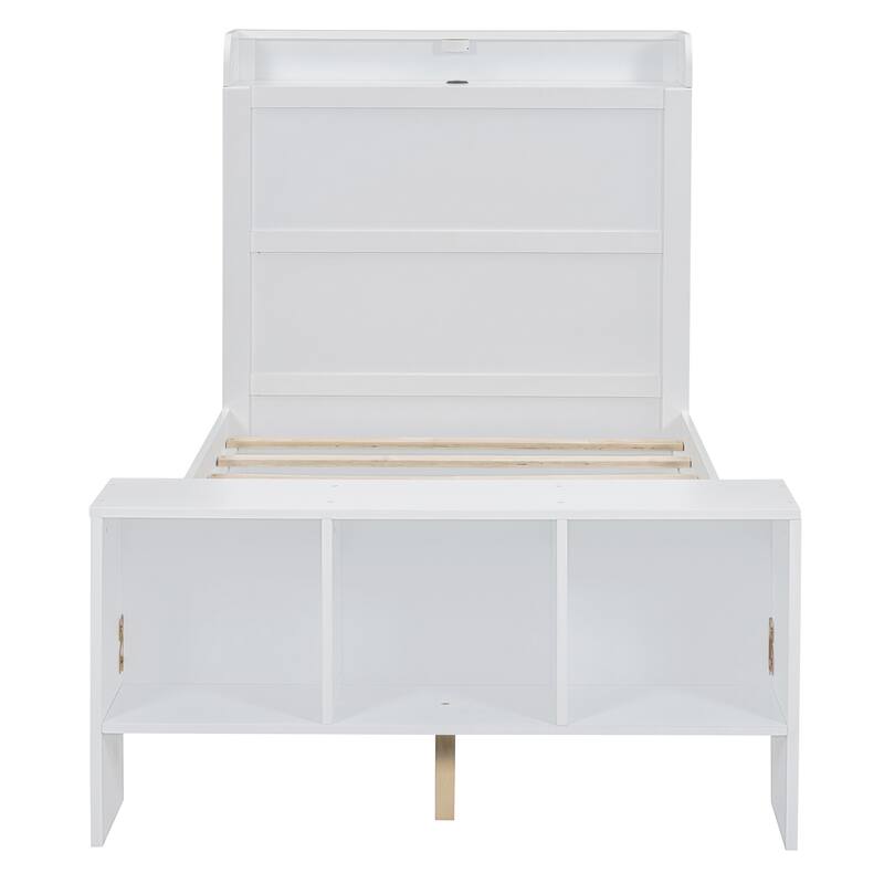 HomeRoots White Wood Twin Bed Frame With USB