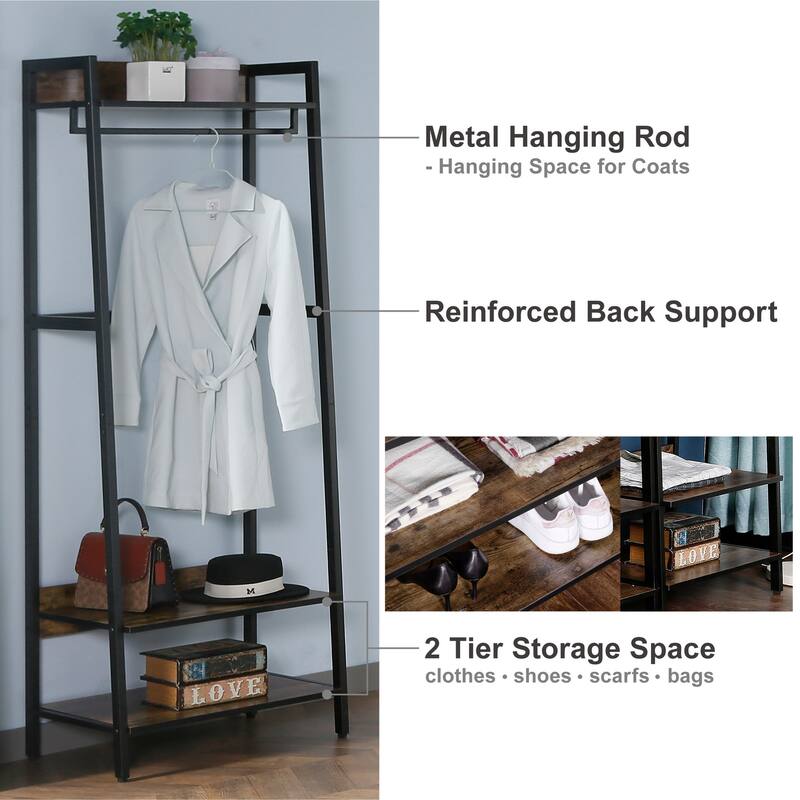 JJS Industrial Rustic Coat Rack & Shoe Stool Entryway Hall Tree with Storage Drawers & Shelves Rustic Brown