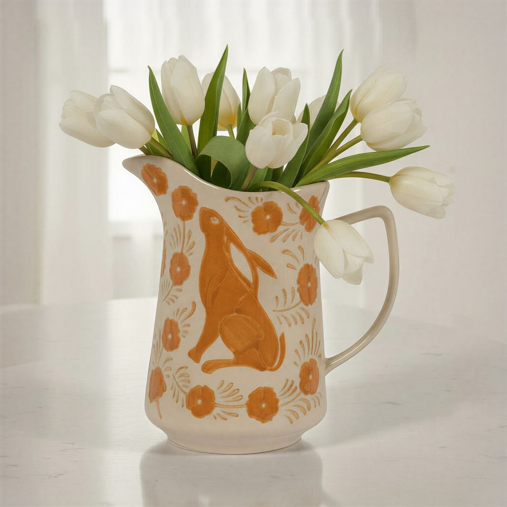 Stoneware Pitcher with Painted Rabbit and Florals