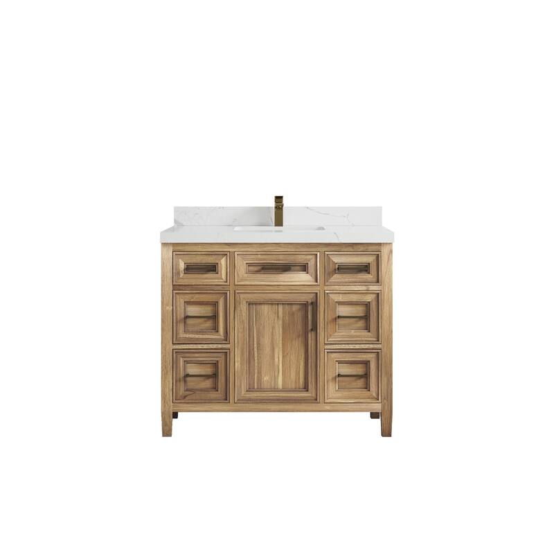 Willow Collections 42 in. W x 22 in. D Santa Monica Teak Single Sink Bathroom Vanity with Countertop - 2" Calacatta Laza - Whitewashed Teak