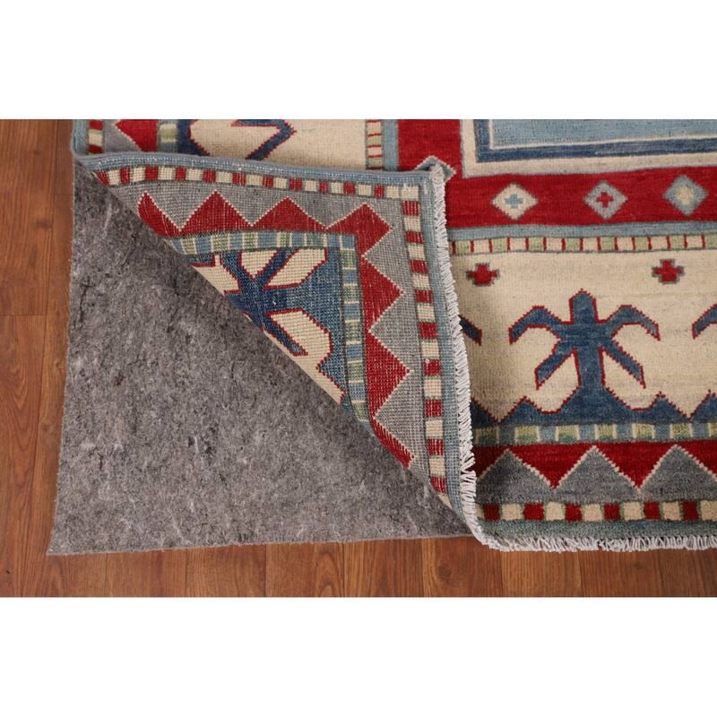 Light Blue Geometric Kazak Area Rug Living Room Handmade Wool Carpet - 6'4" x 9'10"