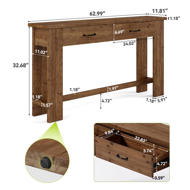 63" Solid Wood Console Table, Entryway Table with Storage