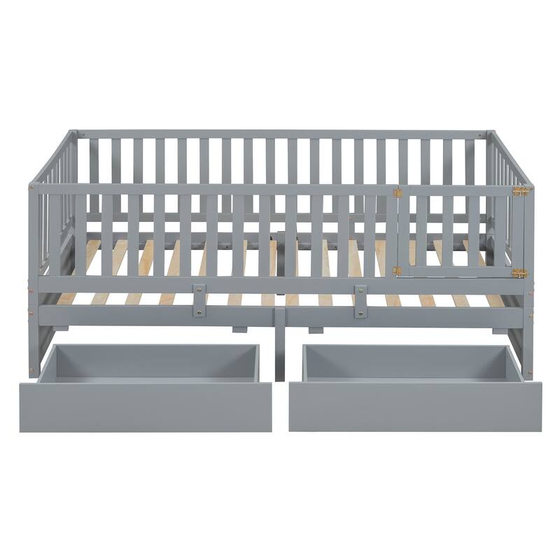 Pine Wood Daybed Floor Bed Frame with Fence Guardrails and 2 Drawers, Converts into Two Individual Beds, No Box Spring Needed