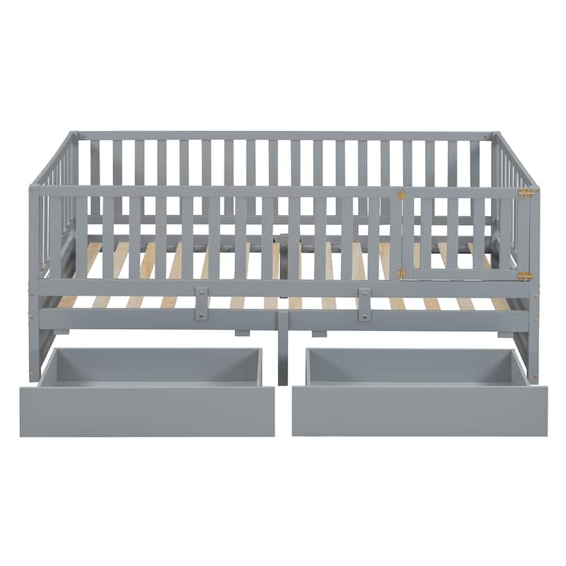 Sturdy Floor Bed with Fence Guardrails and 2 Drawers