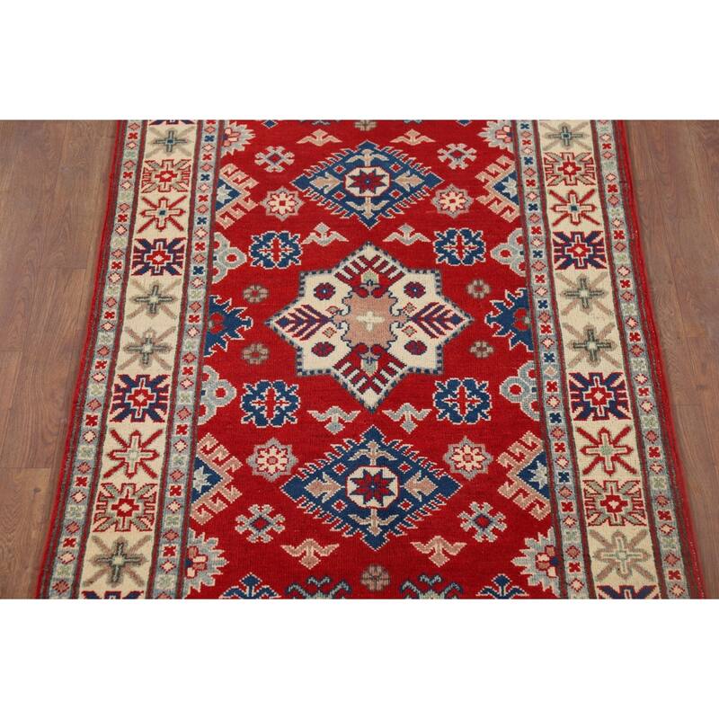 Geometric Red Kazak Accent Rug Handmade Wool Carpet - 3'4" x 5'3"